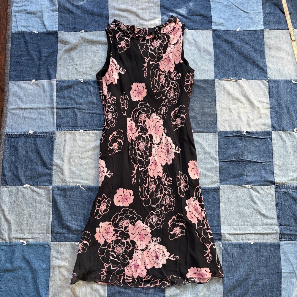 vtg papéll boutique 100% silk pink floral black dress ruffles size 14 - Picture 3 of 14